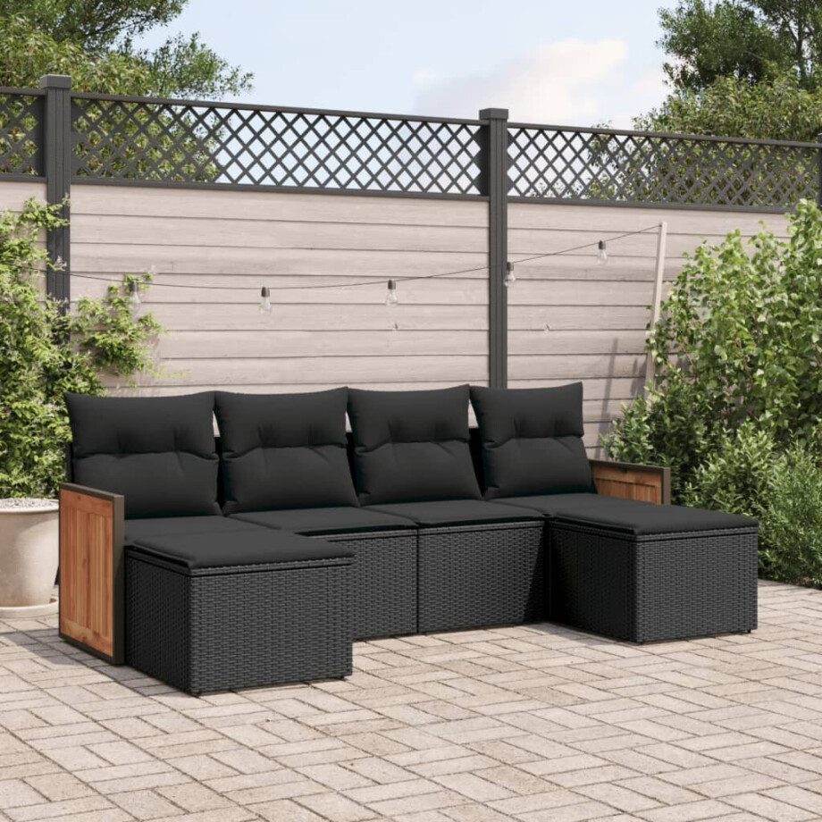 vidaXL 6-delige Loungeset met kussens poly rattan zwart afbeelding 1