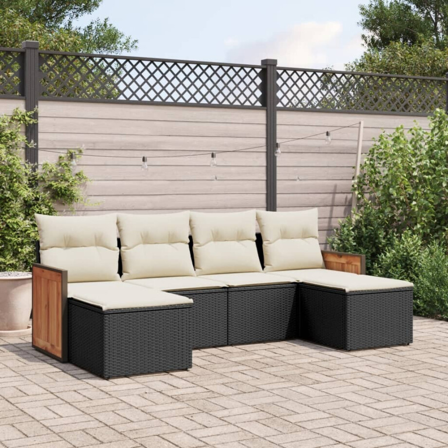 vidaXL 6-delige Loungeset met kussens poly rattan zwart afbeelding 1