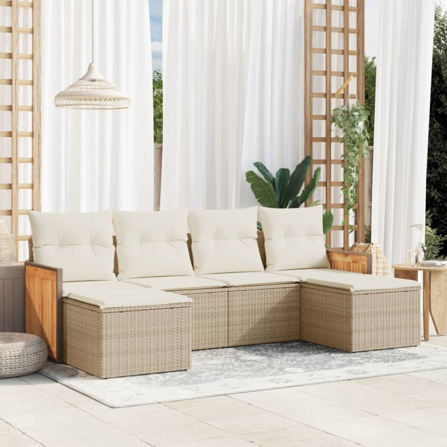 vidaXL 6-delige Loungeset met kussens poly rattan beige afbeelding 1