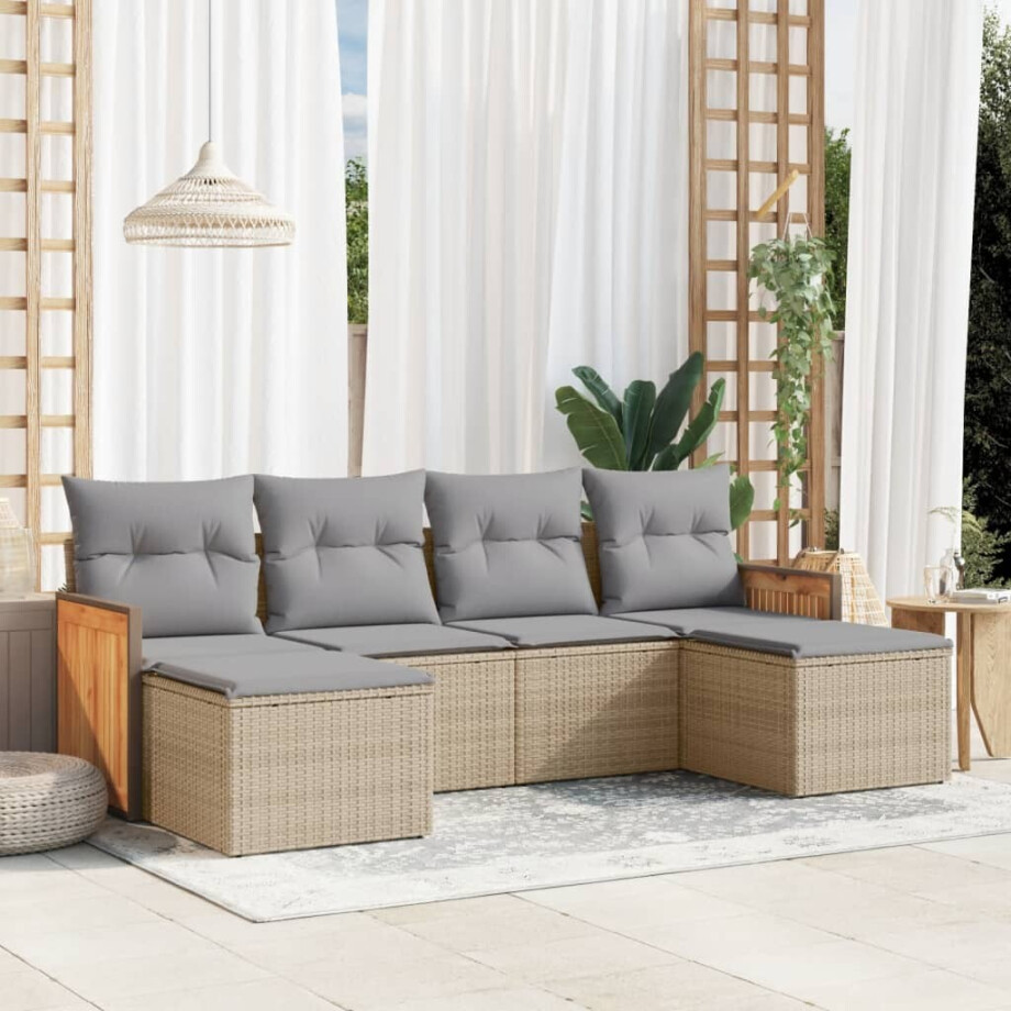 vidaXL 6-delige Loungeset met kussens poly rattan beige vidaXL 6-delige Loungeset met kussens poly rattan beige afbeelding 1