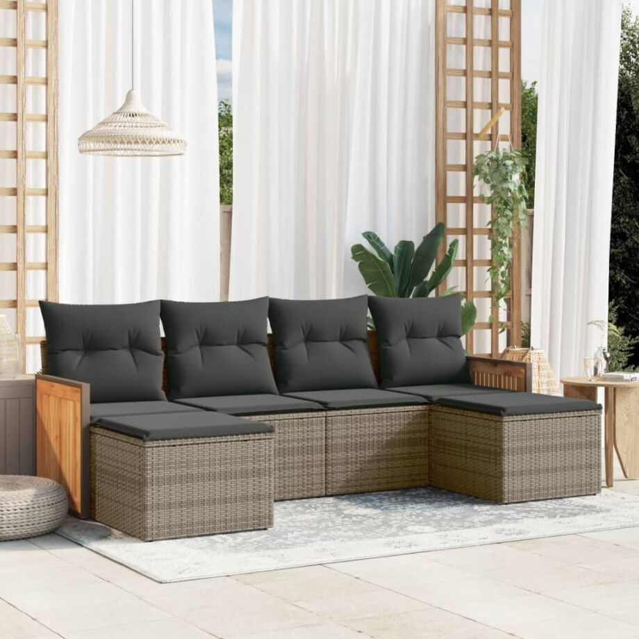 vidaXL 6-delige Loungeset met kussens poly rattan grijs afbeelding 1