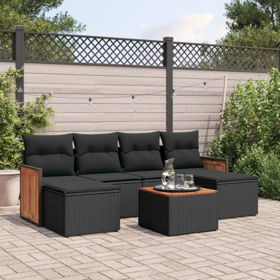 vidaXL 7-delige Loungeset met kussens poly rattan zwart afbeelding 1