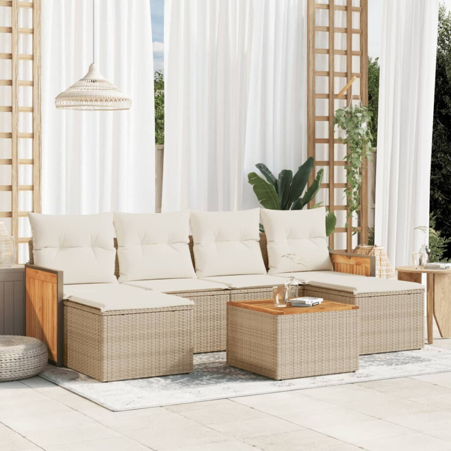 vidaXL 7-delige Loungeset met kussens poly rattan beige vidaXL 7-delige Loungeset met kussens poly rattan beige afbeelding 1