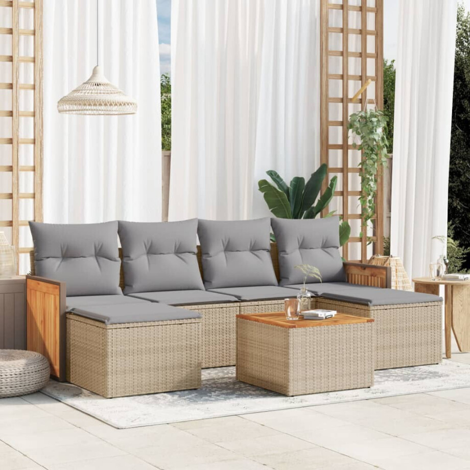 vidaXL 7-delige Loungeset met kussens poly rattan beige afbeelding 1