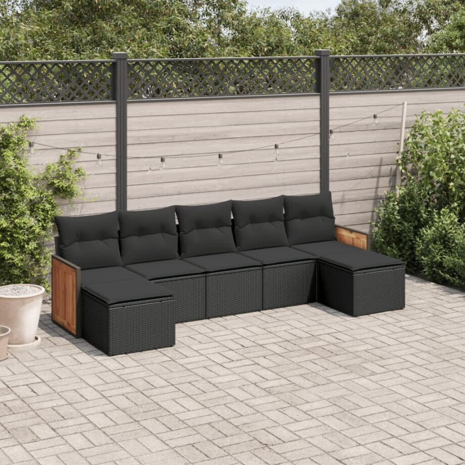 vidaXL 7-delige Loungeset met kussens poly rattan zwart afbeelding 1