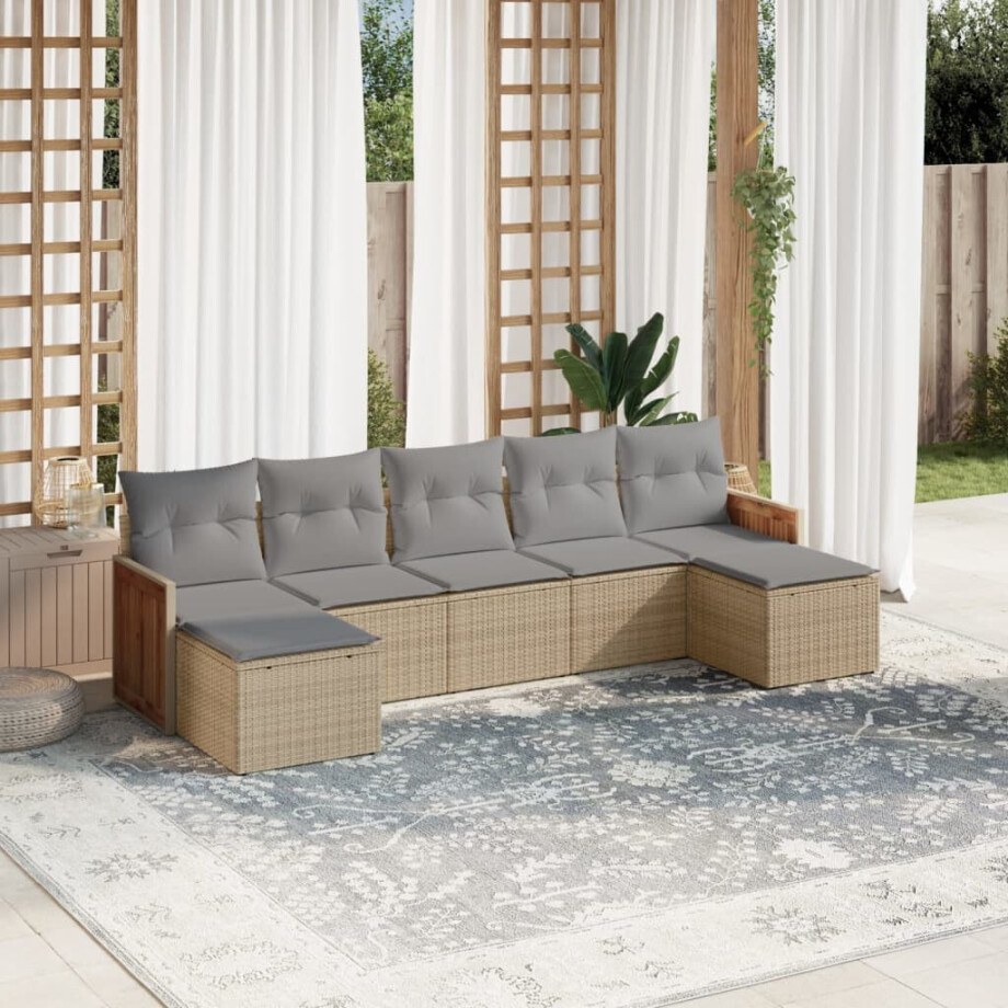 vidaXL 7-delige Loungeset met kussens poly rattan beige afbeelding 1