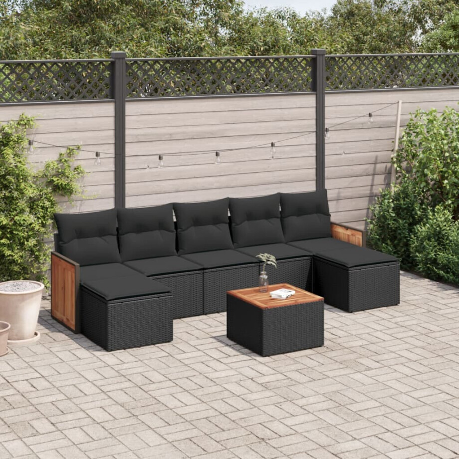 vidaXL 8-delige Loungeset met kussens poly rattan zwart afbeelding 1