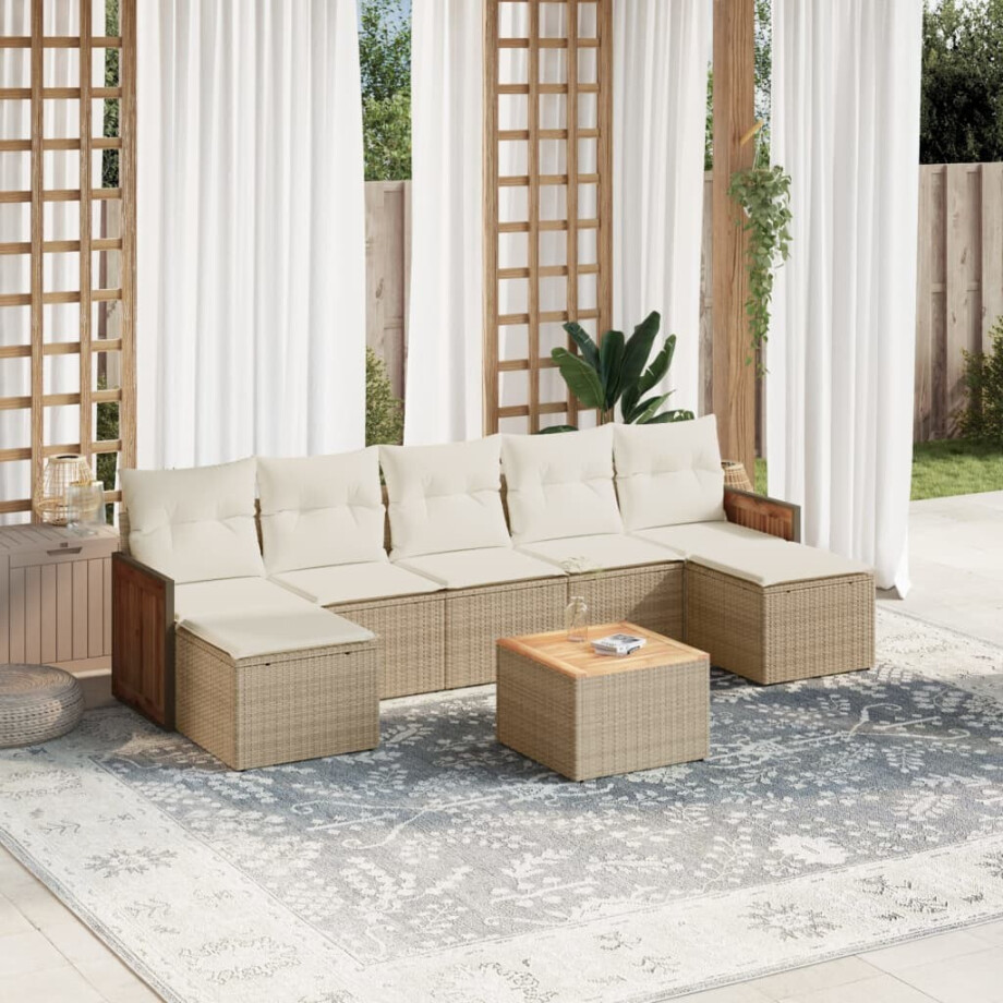 vidaXL 8-delige Loungeset met kussens poly rattan beige afbeelding 1