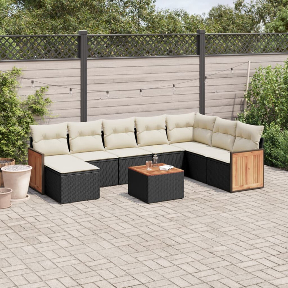 vidaXL 9-delige Loungeset met kussens poly rattan zwart afbeelding 1