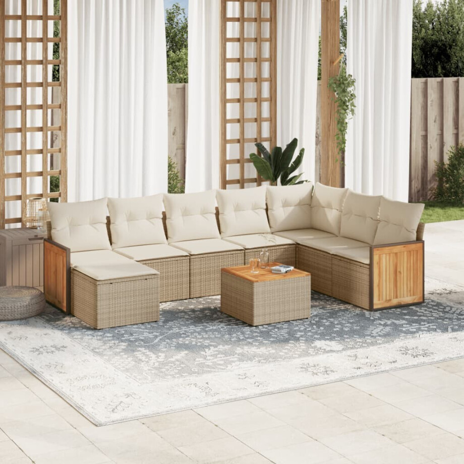 vidaXL 9-delige Loungeset met kussens poly rattan beige afbeelding 1