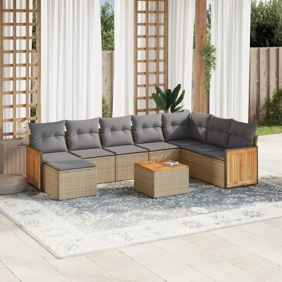 vidaXL 9-delige Loungeset met kussens poly rattan beige vidaXL 9-delige Loungeset met kussens poly rattan beige afbeelding 1