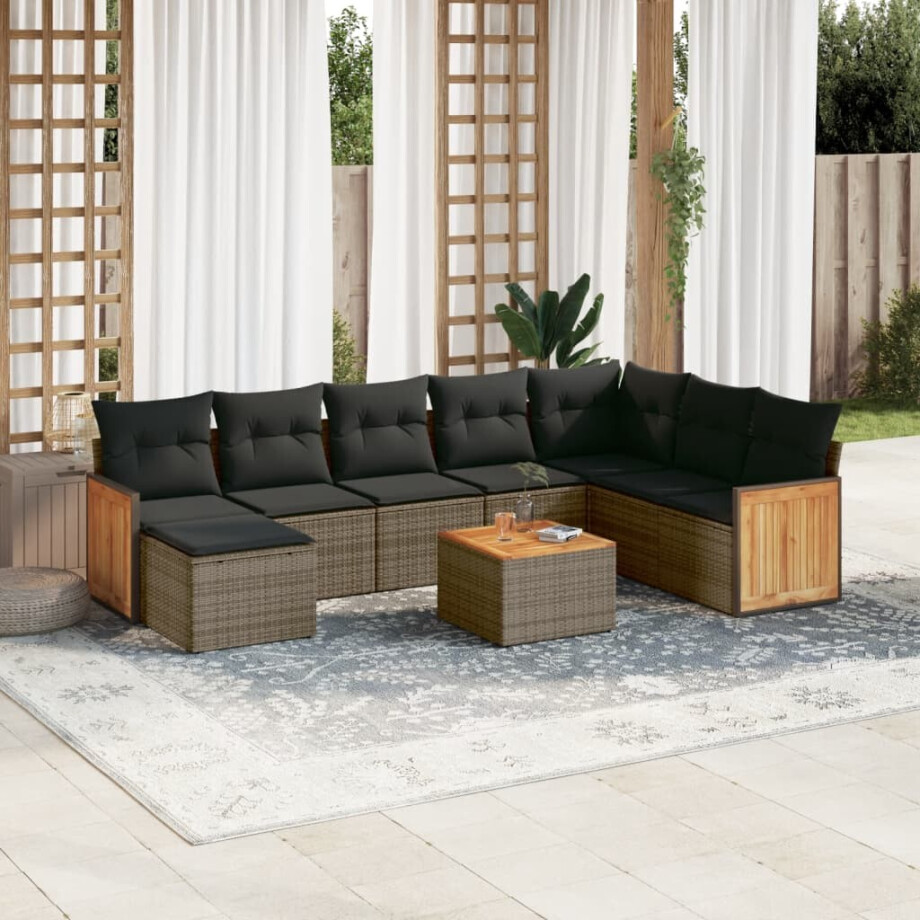 vidaXL 9-delige Loungeset met kussens poly rattan grijs afbeelding 1