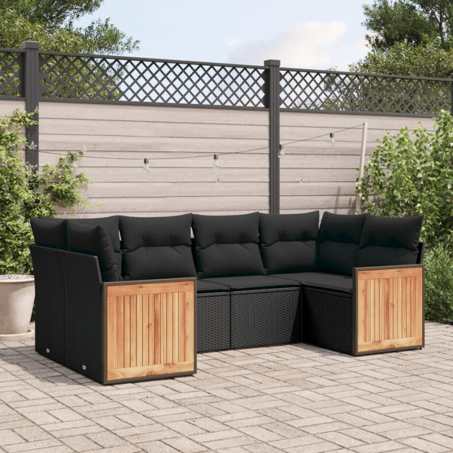 vidaXL 6-delige Loungeset met kussens poly rattan zwart afbeelding 1