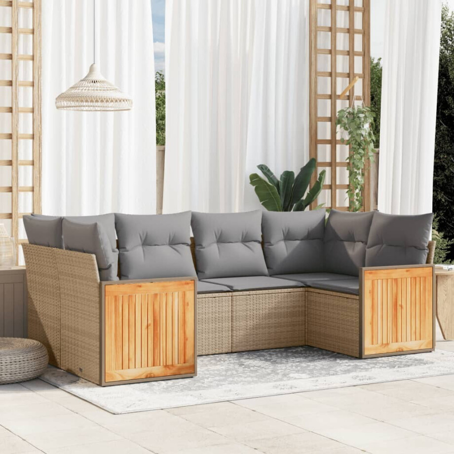 vidaXL 6-delige Loungeset met kussens poly rattan beige afbeelding 1