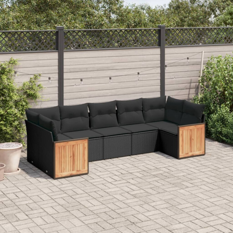 vidaXL 7-delige Loungeset met kussens poly rattan zwart afbeelding 1