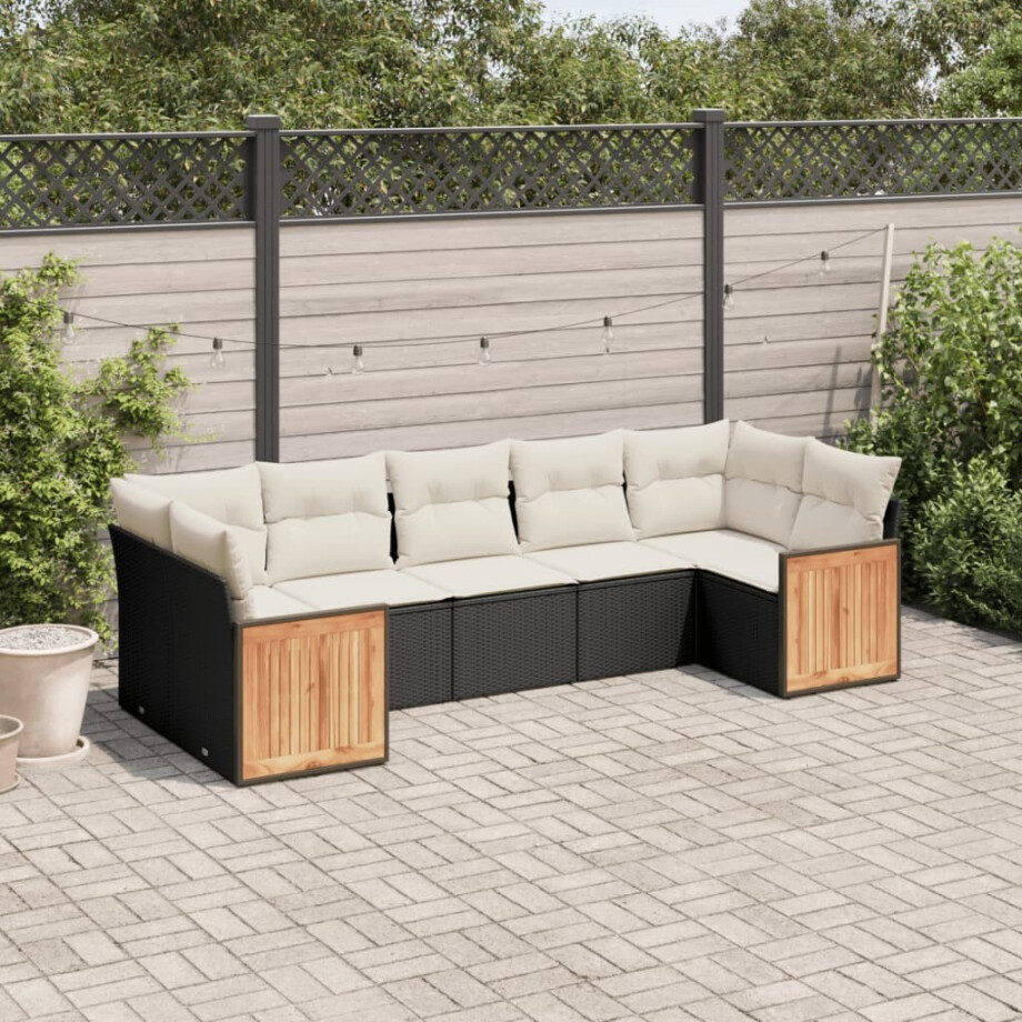 vidaXL 7-delige Loungeset met kussens poly rattan zwart afbeelding 1