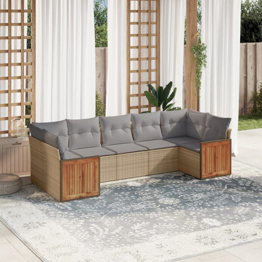 vidaXL 7-delige Loungeset met kussens poly rattan beige afbeelding 1