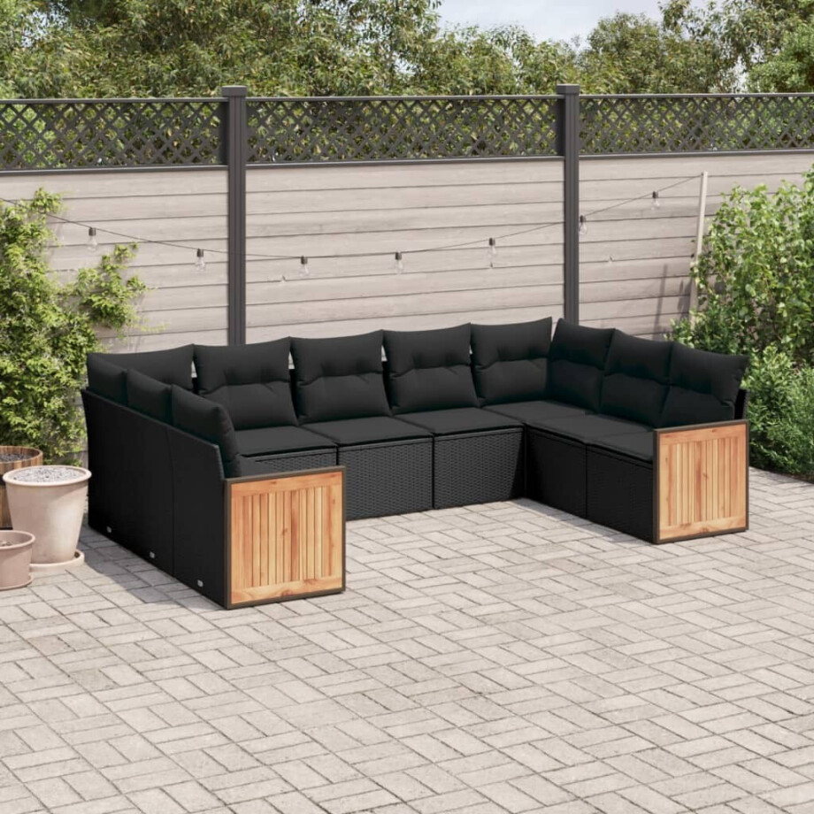 vidaXL 9-delige Loungeset met kussens poly rattan zwart vidaXL 9-delige Loungeset met kussens poly rattan zwart afbeelding 1
