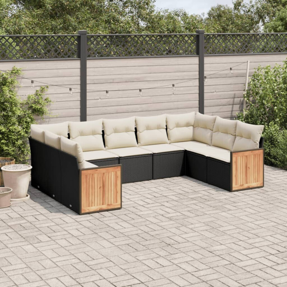 vidaXL 9-delige Loungeset met kussens poly rattan zwart afbeelding 1