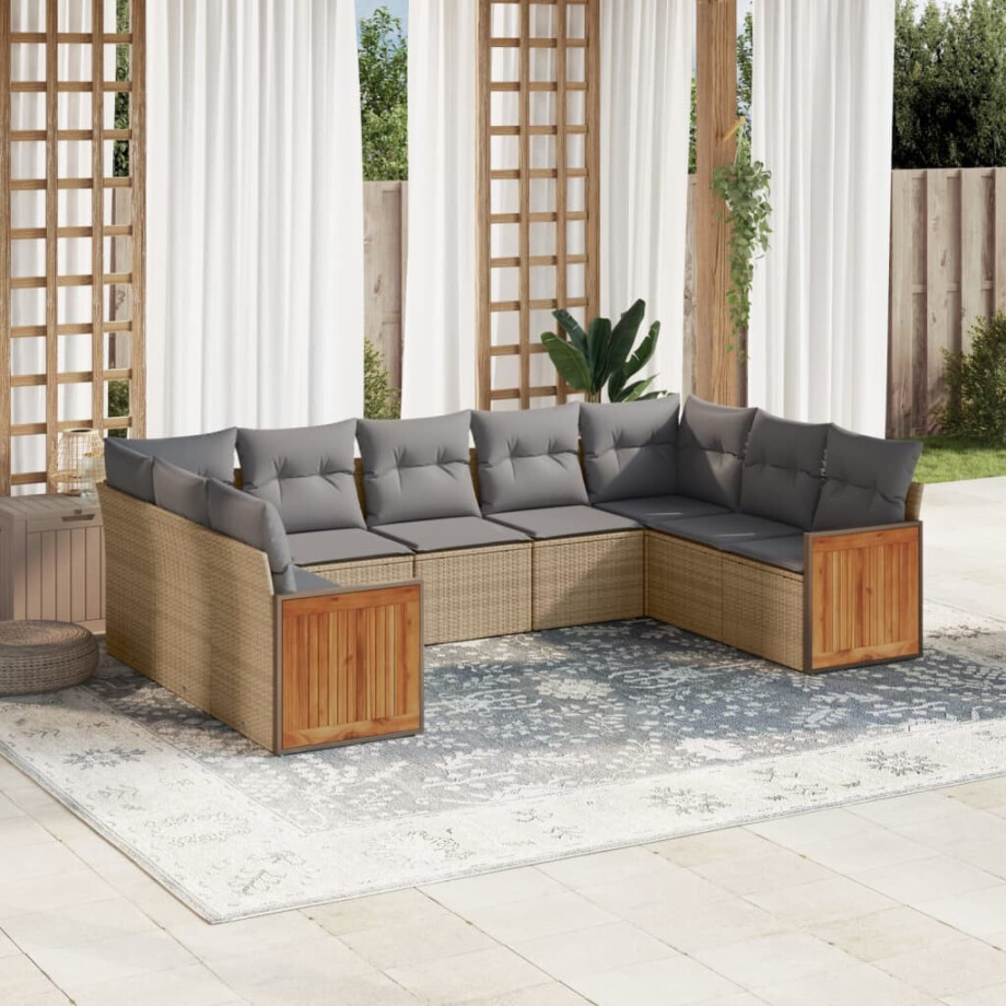 vidaXL 9-delige Loungeset met kussens poly rattan beige afbeelding 1