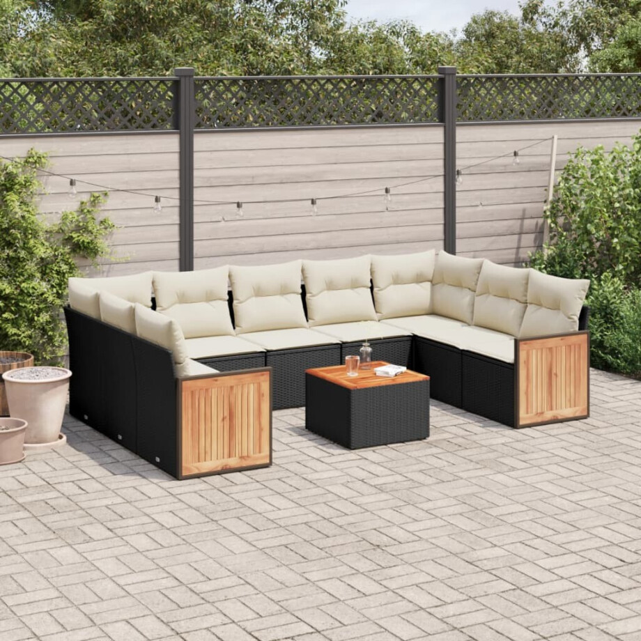 vidaXL 10-delige Loungeset met kussens poly rattan zwart afbeelding 1