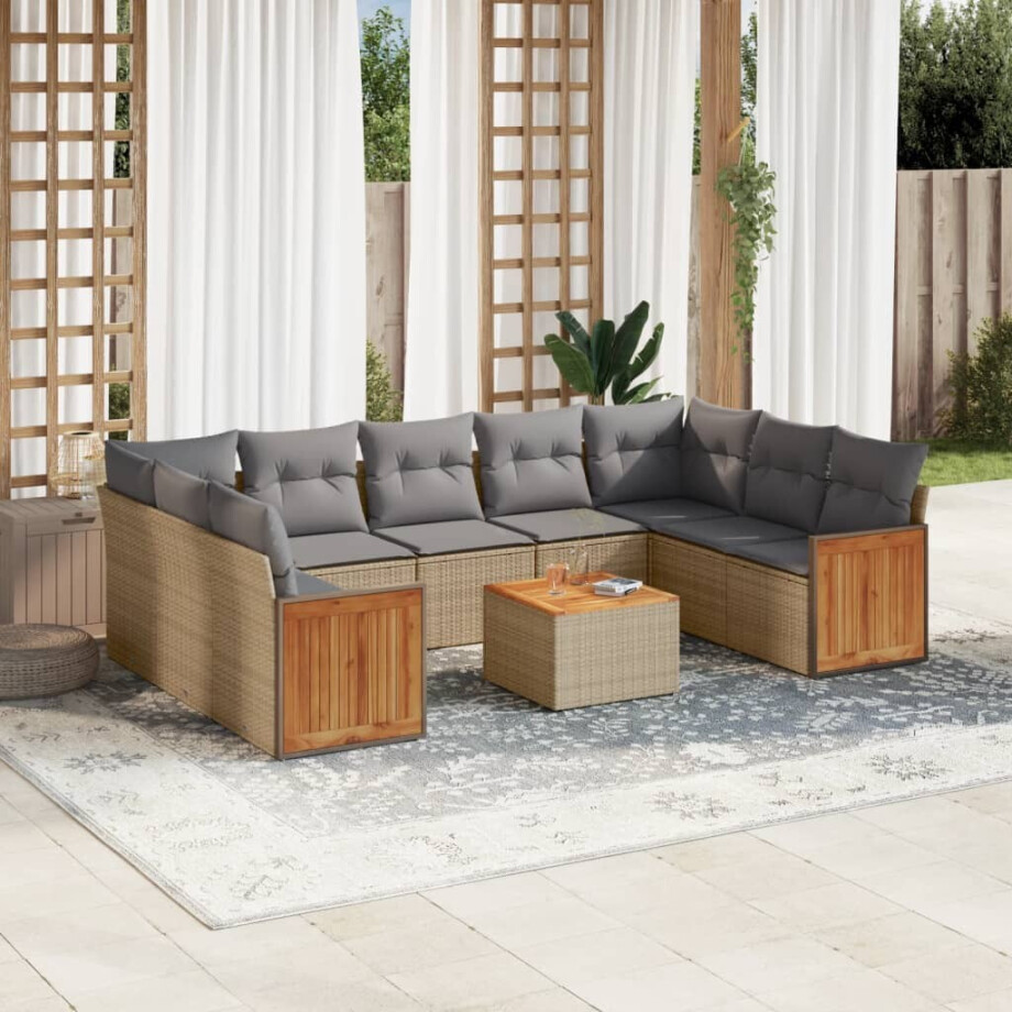 vidaXL 10-delige Loungeset met kussens poly rattan beige vidaXL 10-delige Loungeset met kussens poly rattan beige afbeelding 1