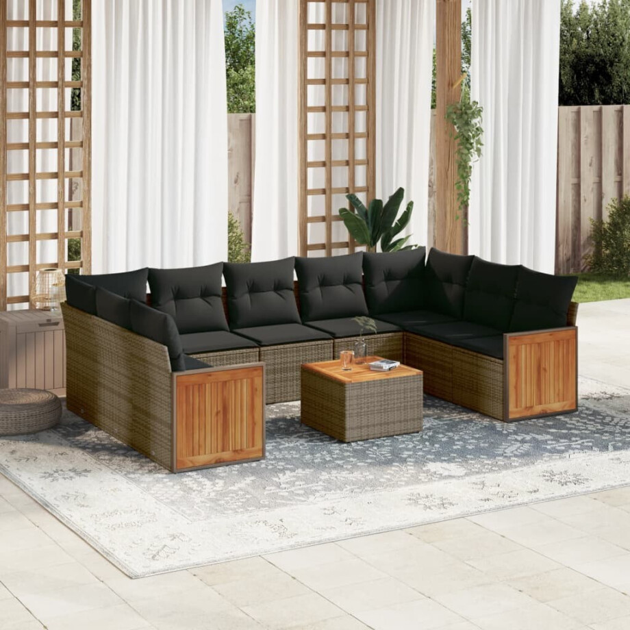 vidaXL 10-delige Loungeset met kussens poly rattan grijs afbeelding 1