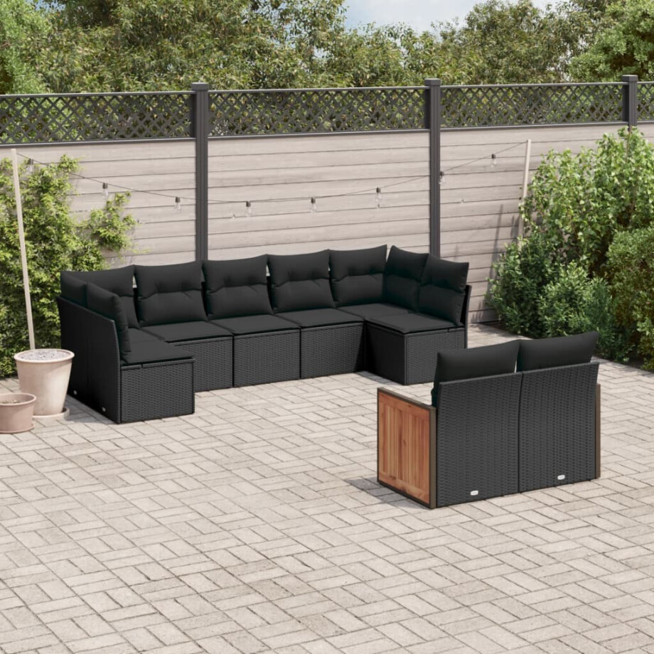 vidaXL 9-delige Loungeset met kussens poly rattan zwart afbeelding 1