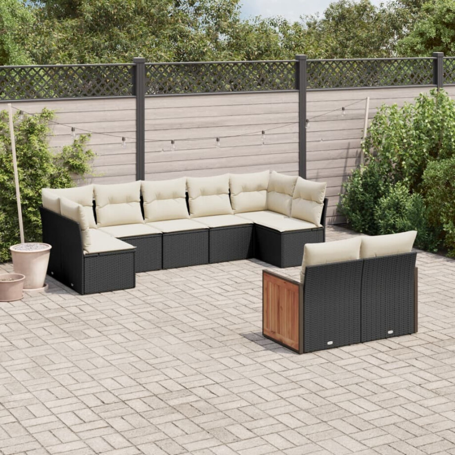 vidaXL 9-delige Loungeset met kussens poly rattan zwart afbeelding 1