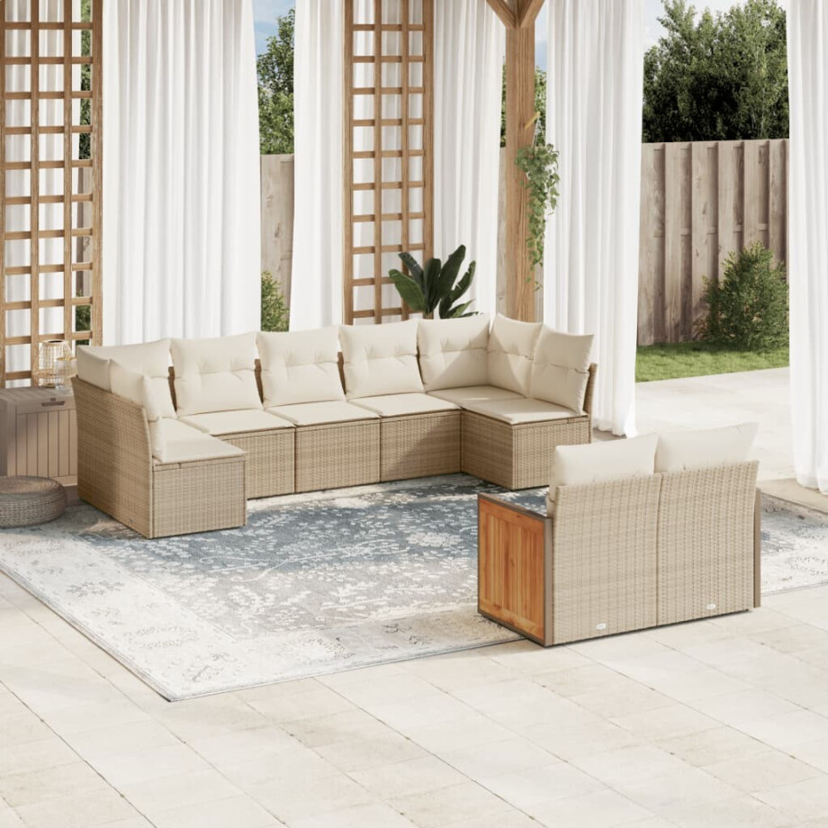 vidaXL 9-delige Loungeset met kussens poly rattan beige afbeelding 1