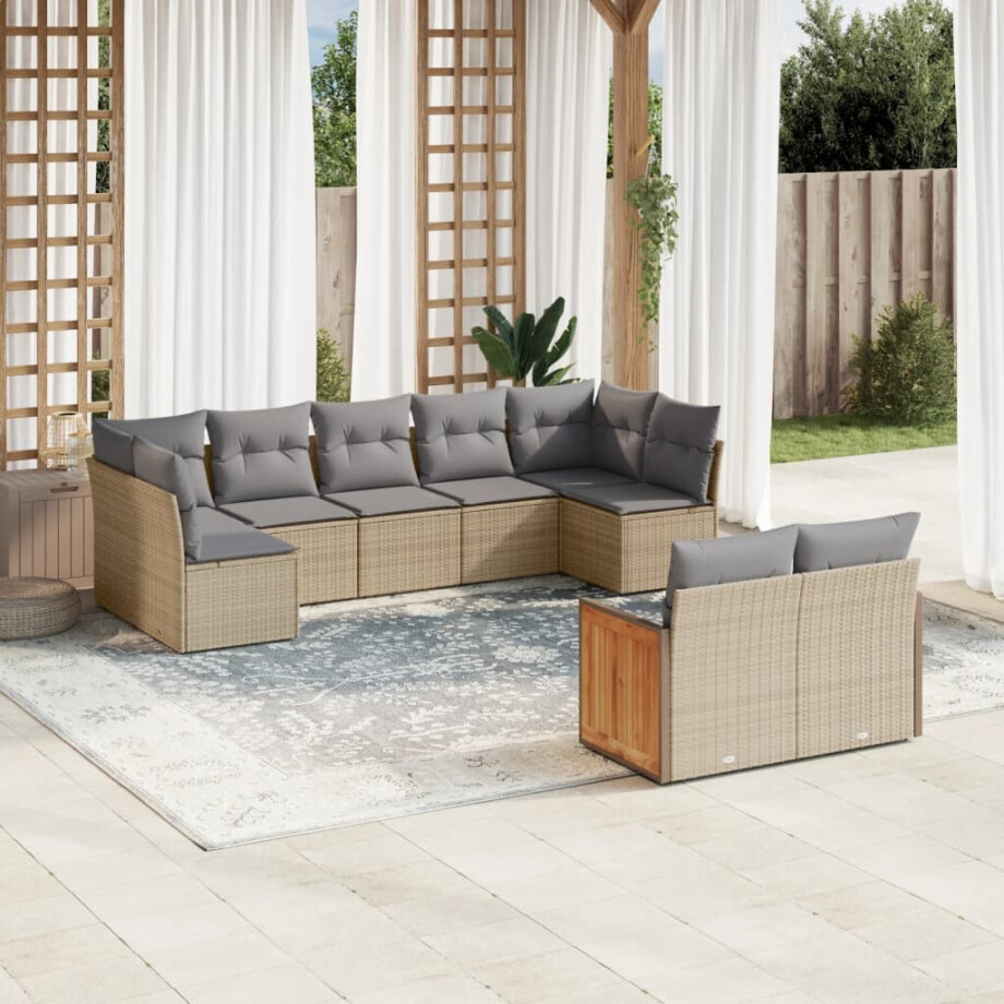 vidaXL 9-delige Loungeset met kussens poly rattan beige afbeelding 1