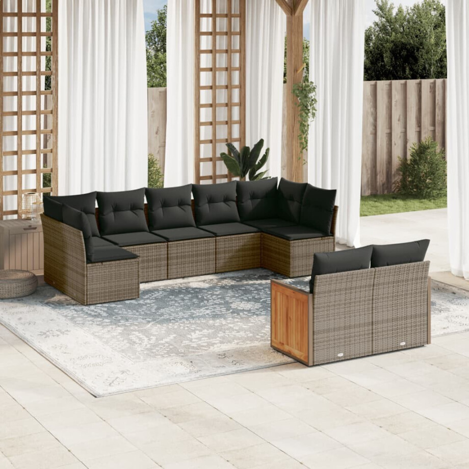 vidaXL 9-delige Loungeset met kussens poly rattan grijs afbeelding 1