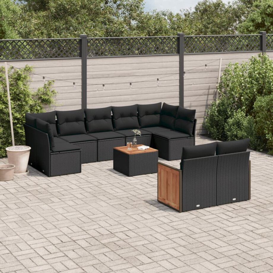 vidaXL 10-delige Loungeset met kussens poly rattan zwart afbeelding 1
