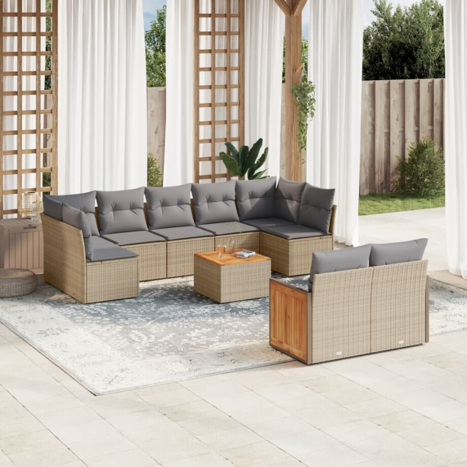 vidaXL 10-delige Loungeset met kussens poly rattan beige vidaXL 10-delige Loungeset met kussens poly rattan beige afbeelding 1