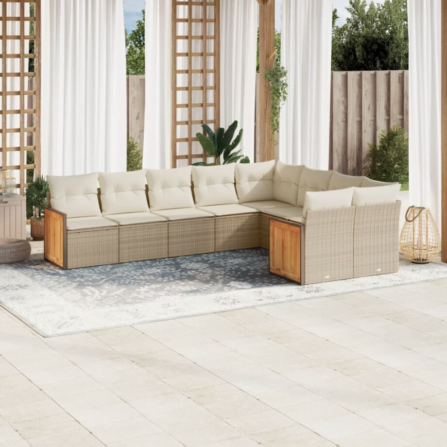 vidaXL 9-delige Loungeset met kussens poly rattan beige afbeelding 1