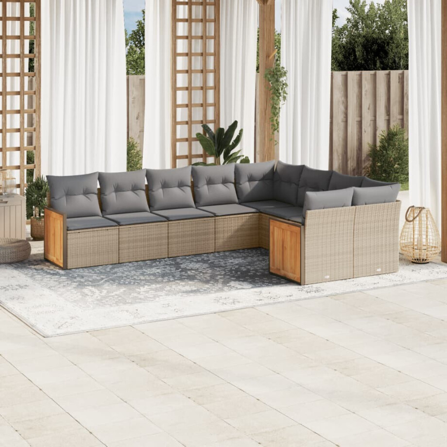 vidaXL 9-delige Loungeset met kussens poly rattan beige vidaXL 9-delige Loungeset met kussens poly rattan beige afbeelding 1