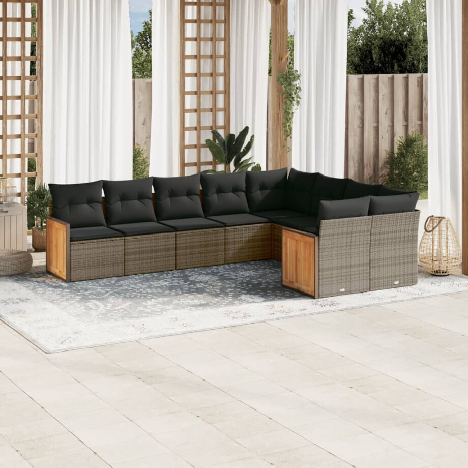 vidaXL 9-delige Loungeset met kussens poly rattan grijs afbeelding 1