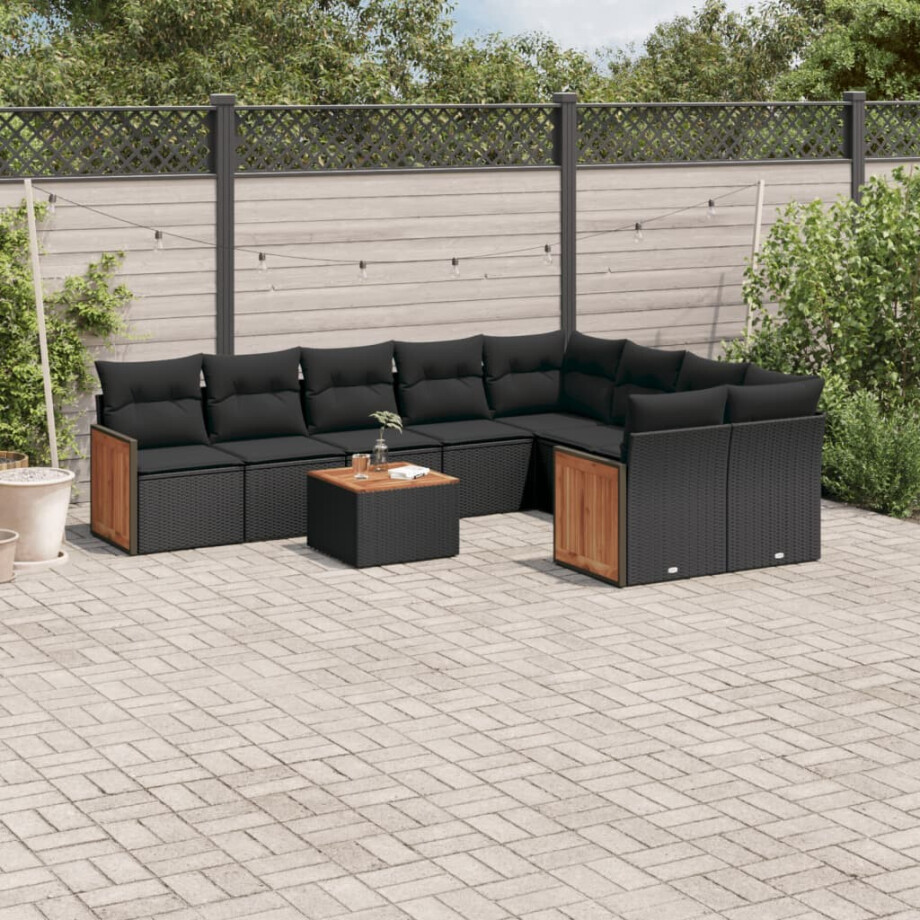 vidaXL 10-delige Loungeset met kussens poly rattan zwart vidaXL 10-delige Loungeset met kussens poly rattan zwart afbeelding 1