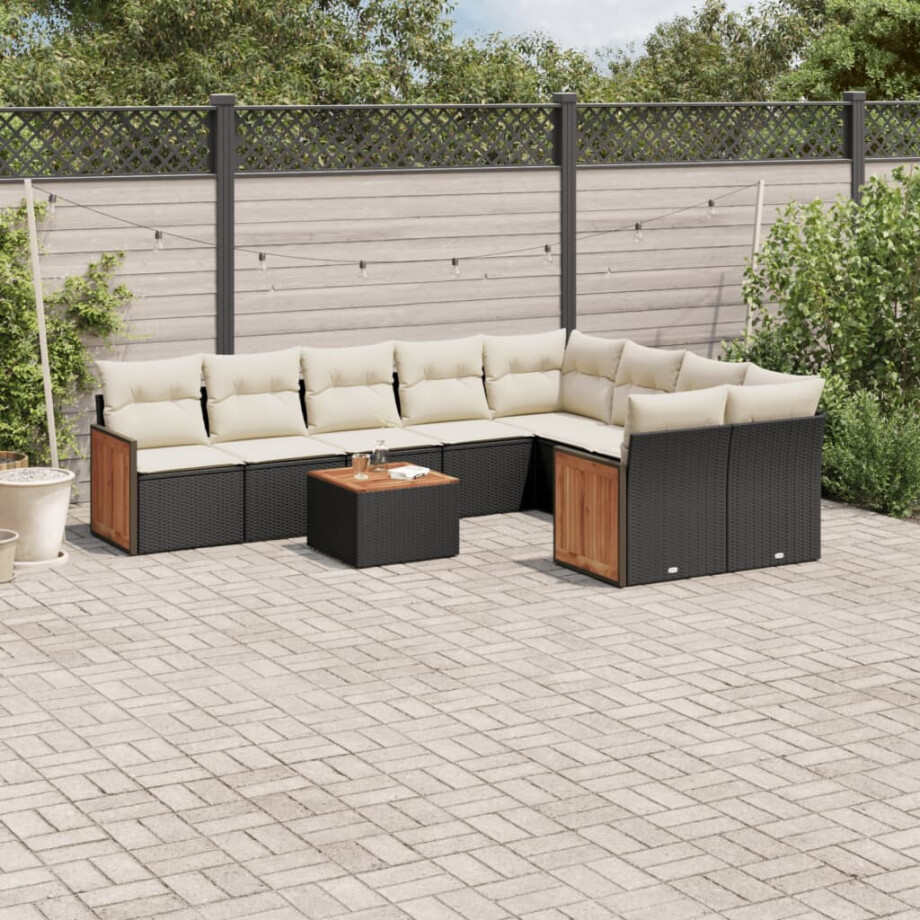 vidaXL 10-delige Loungeset met kussens poly rattan zwart afbeelding 1