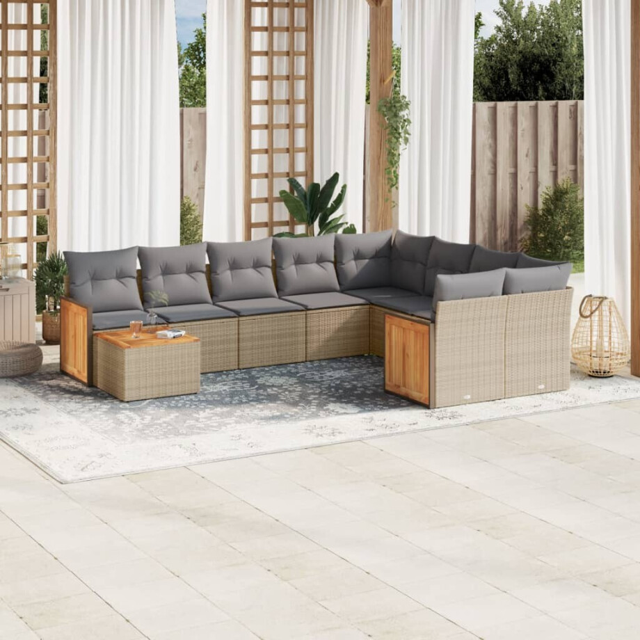 vidaXL 10-delige Loungeset met kussens poly rattan beige vidaXL 10-delige Loungeset met kussens poly rattan beige afbeelding 1