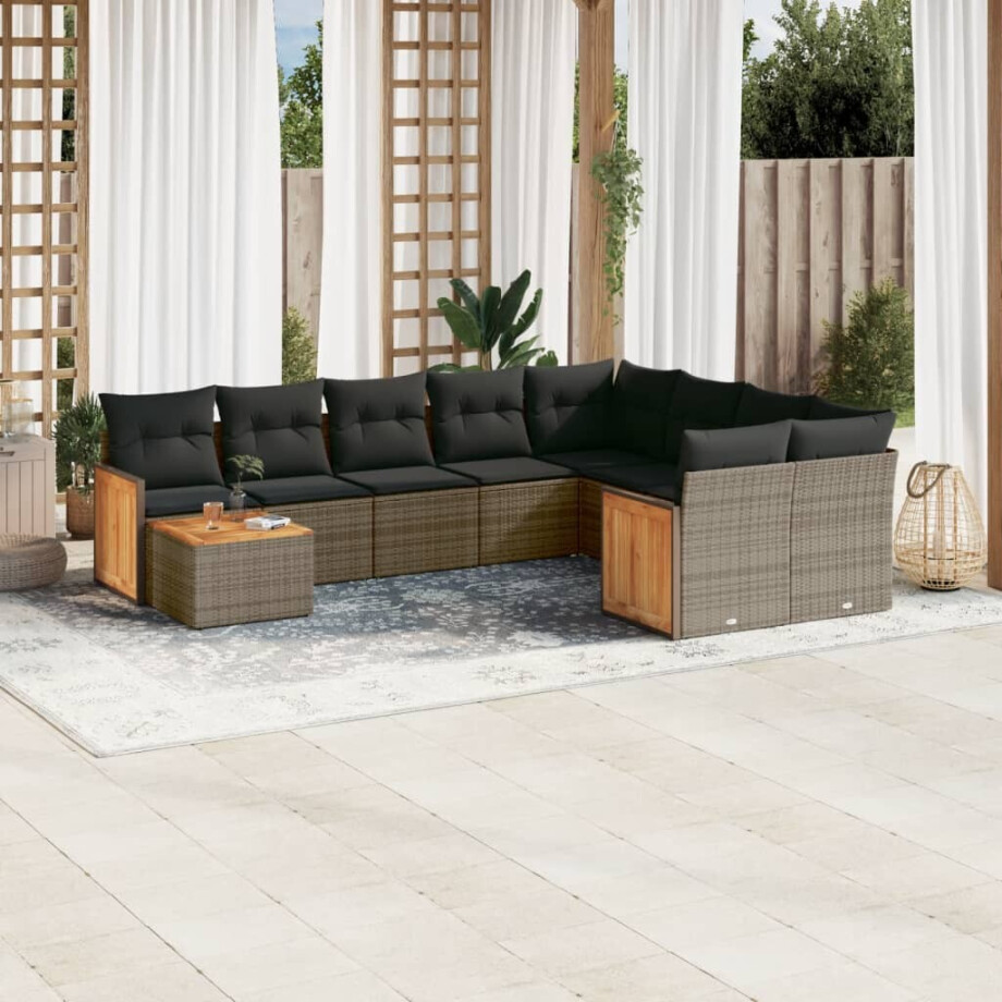 vidaXL 10-delige Loungeset met kussens poly rattan grijs afbeelding 1