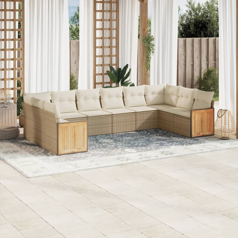vidaXL 10-delige Loungeset met kussens poly rattan beige afbeelding 1
