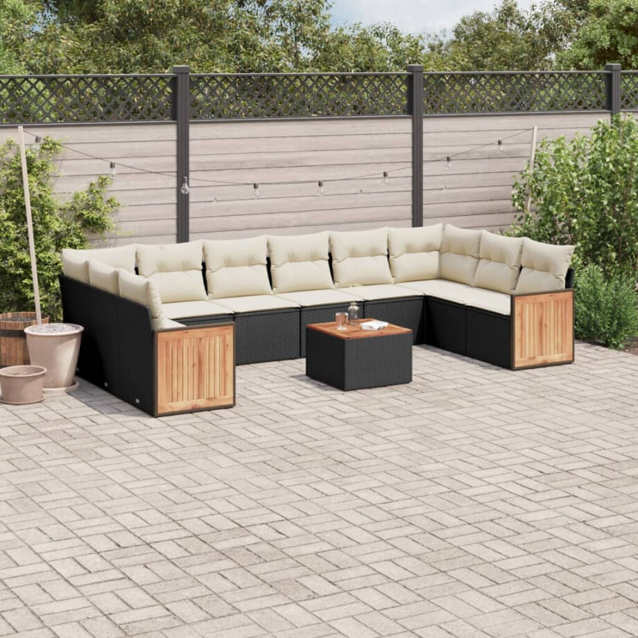 vidaXL 11-delige Loungeset met kussens poly rattan zwart afbeelding 1