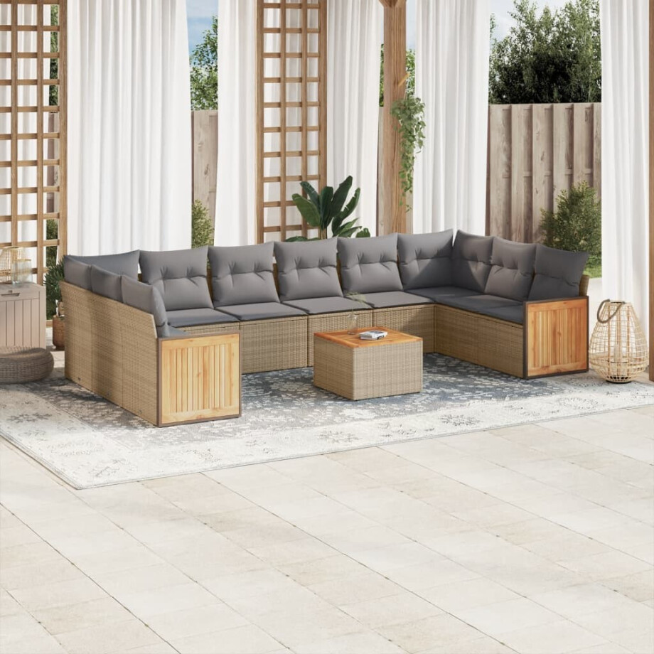 vidaXL 11-delige Tuinset met kussens poly rattan beige afbeelding 1