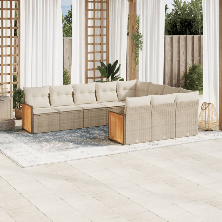 vidaXL 10-delige Loungeset met kussens poly rattan beige afbeelding 1