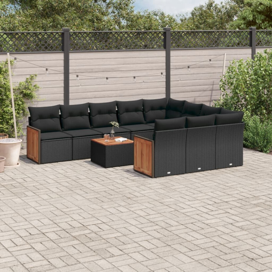 vidaXL 11-delige Loungeset met kussens poly rattan zwart vidaXL 11-delige Loungeset met kussens poly rattan zwart afbeelding 1