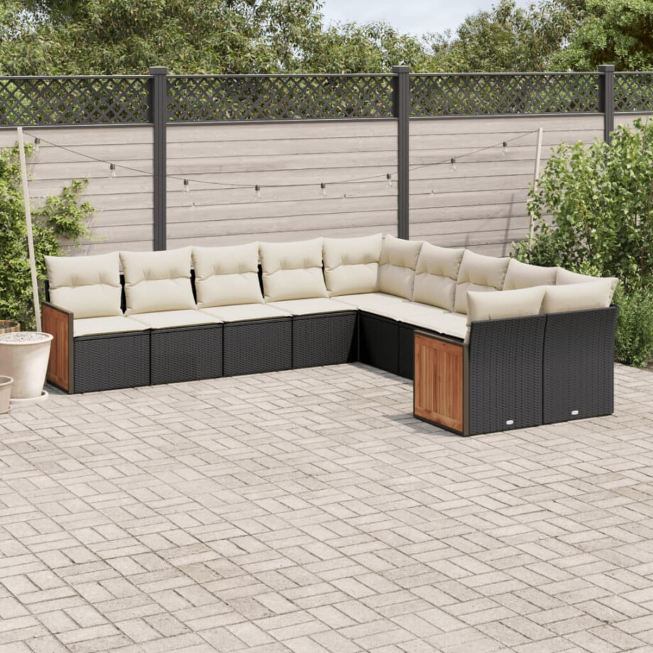 vidaXL 10-delige Loungeset met kussens poly rattan zwart afbeelding 1