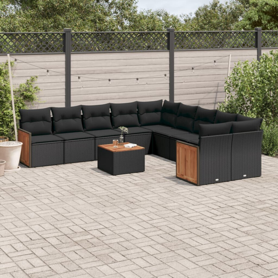 vidaXL 11-delige Loungeset met kussens poly rattan zwart afbeelding 1