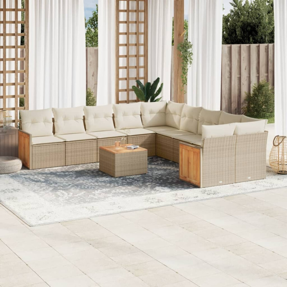 vidaXL 11-delige Tuinset met kussens poly rattan beige afbeelding 1