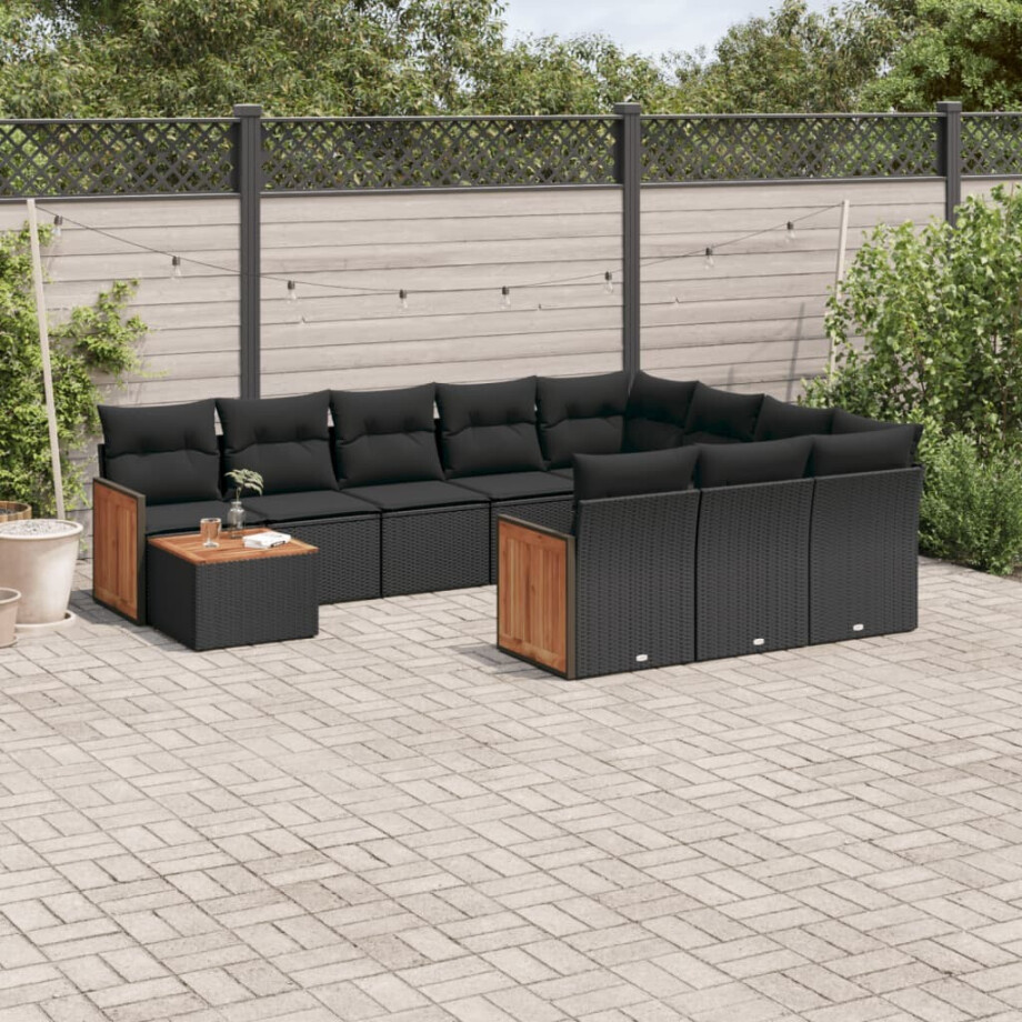 vidaXL 11-delige Loungeset met kussens poly rattan zwart vidaXL 11-delige Loungeset met kussens poly rattan zwart afbeelding 1
